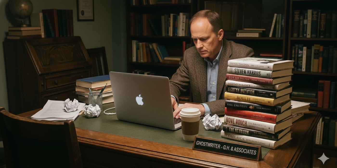 homem em frente a um notebook escrevendo com vários livros ao redor para ilustrar o trabalho de um ghostwriter com a pergunta se contratar um ghostwriter é crime