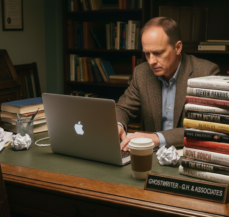 homem em frente a um notebook escrevendo com vários livros ao redor para ilustrar o trabalho de um ghostwriter com a pergunta se contratar um ghostwriter é crime