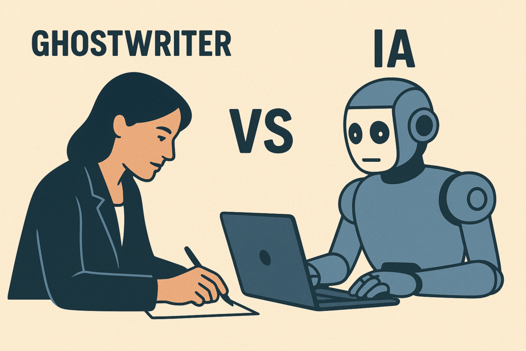 ghostwriting x inteligência artificial imagem com uma mulher e um robô para ilustrar o tema